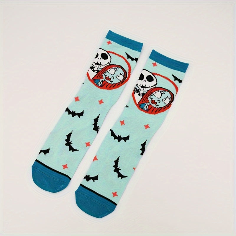 Skull Print Socks Comfy Funny Halloween Crew Socks Women's