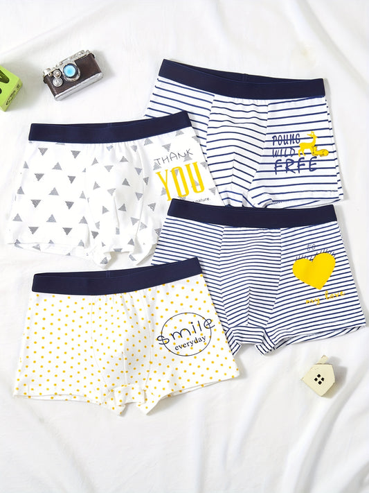 4pcs Boys Boxer Briefs Elastic Waist Stripe Polka Dot Print Soft Underwear