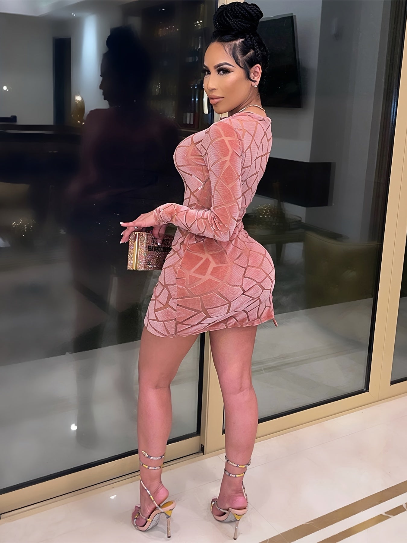 Velvet Semi Sheer Zipper Long Sleeve Bodycon Dress Women's Plus
