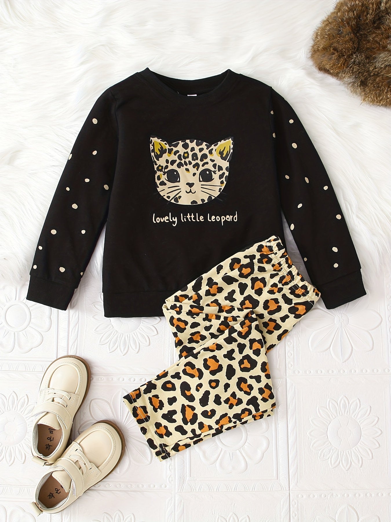 Leopard Pattern Pajamas 2pcs Set Long Sleeve Top & Pants Girl's Loungewear