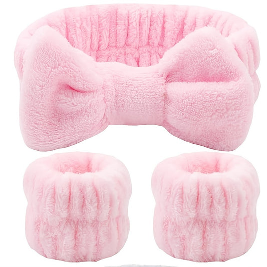 3pcs Soft Fluffy Headband Wristband Set with Bow Decor