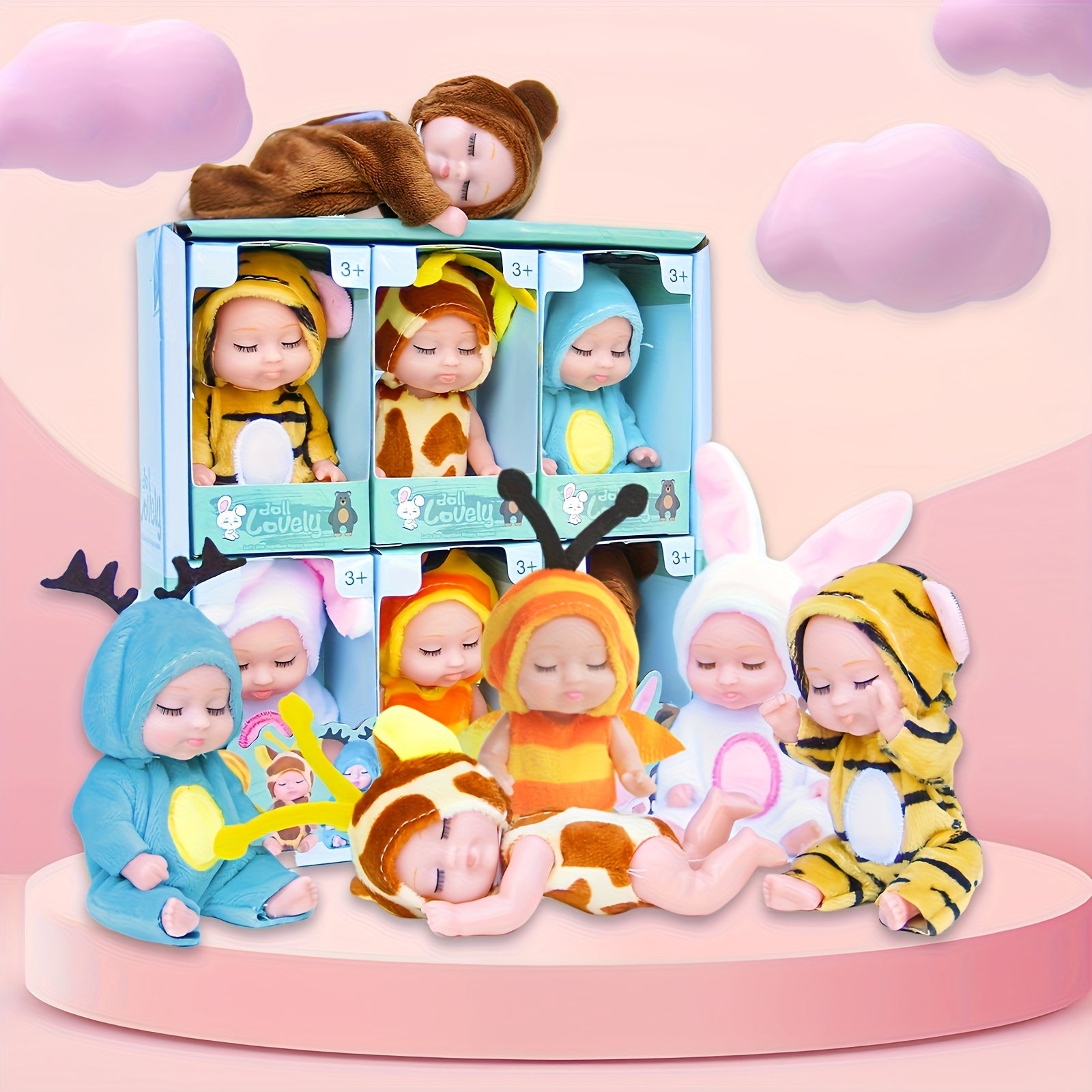 6 Mini Baby Dolls & 4" Plush Animal Easter Egg Set