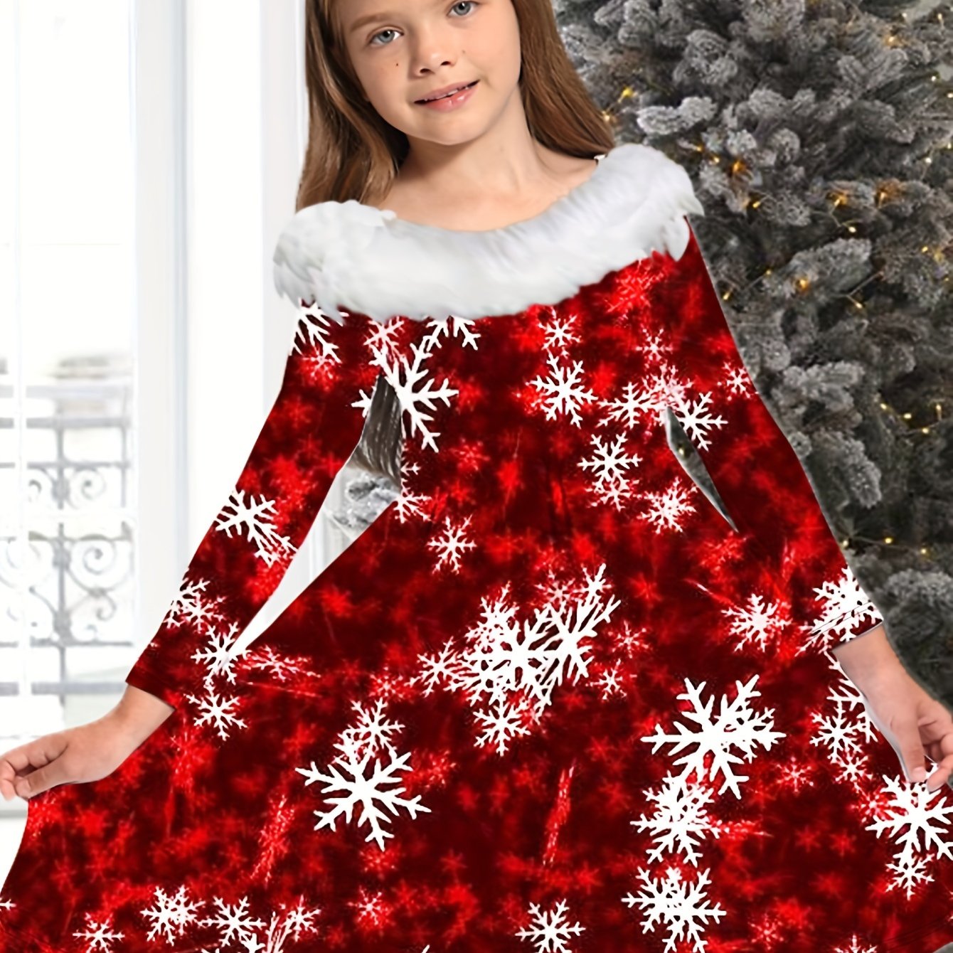 Snowflake Graphic Crew Neck Long Sleeve Dress Girls Christmas Dresses