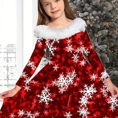 Snowflake Graphic Crew Neck Long Sleeve Dress Girls Christmas Dresses