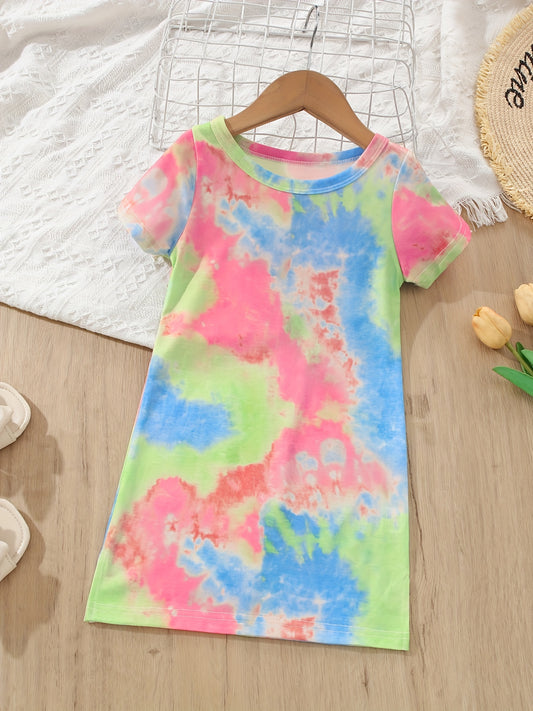 Girls Tie Dye Stretch Dress Short Sleeve Kids Summer Clothes