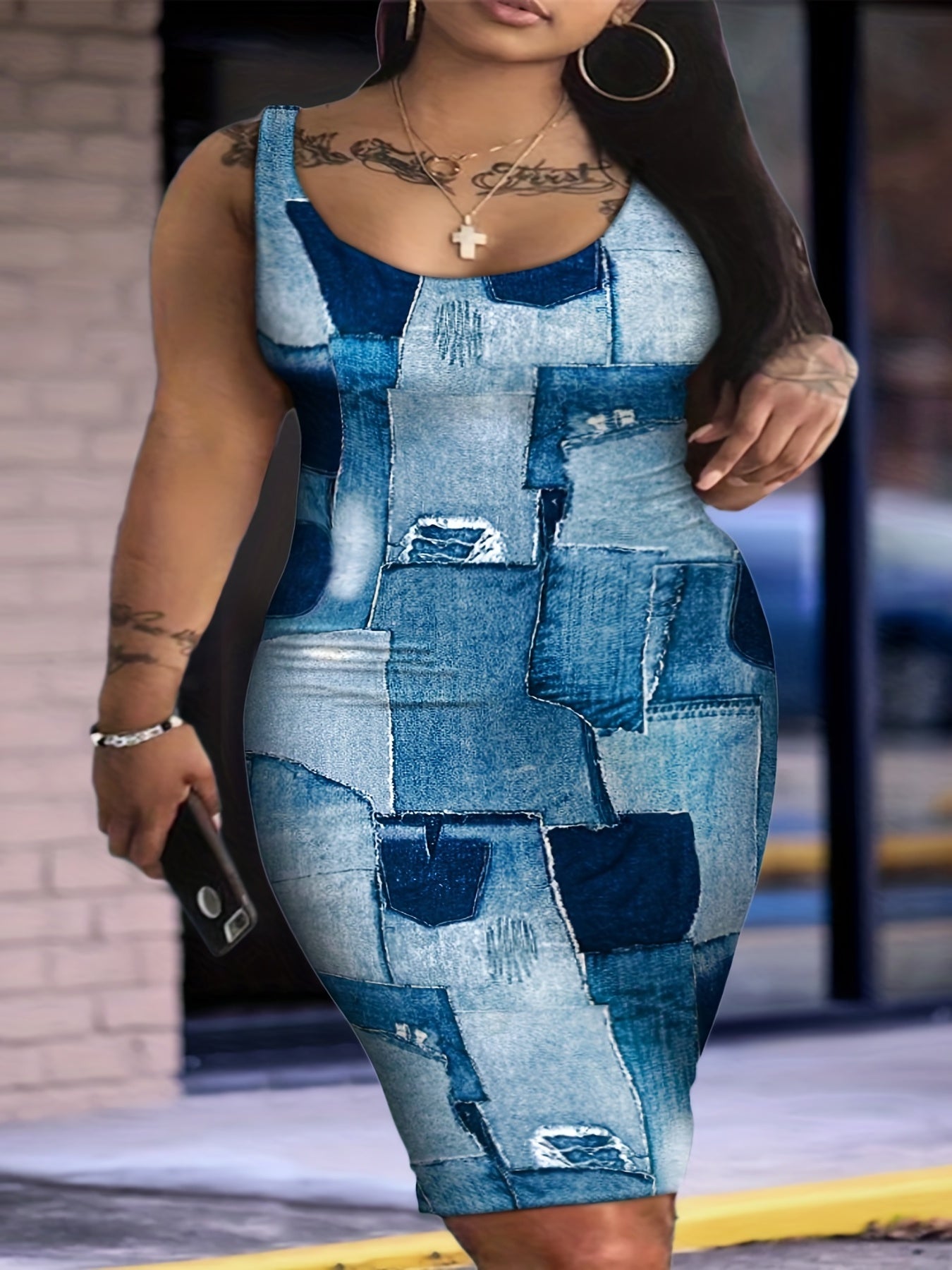 Denim Print Square Neck Tank Dress