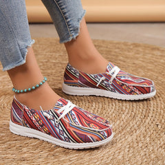 Women's Geometric Pattern Flat Sneakers Low Top Loafers Canvas Shoes
