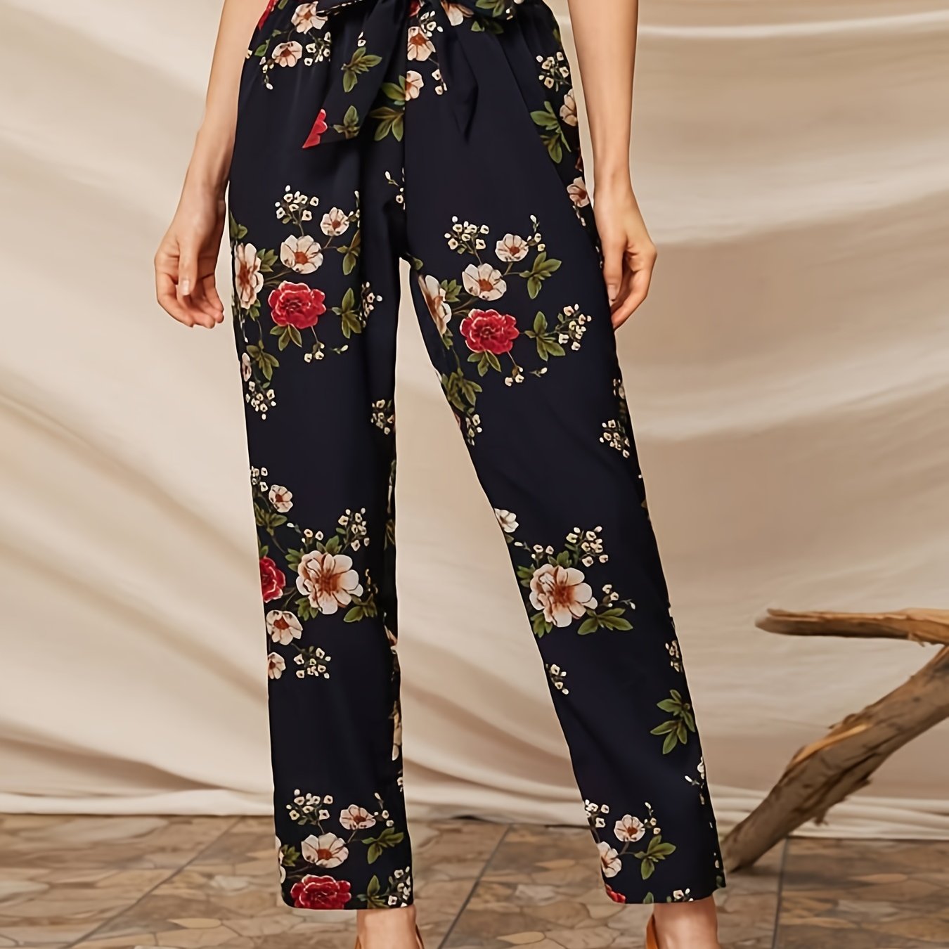 Women's Plus Floral Print High Rise Pants with Belt