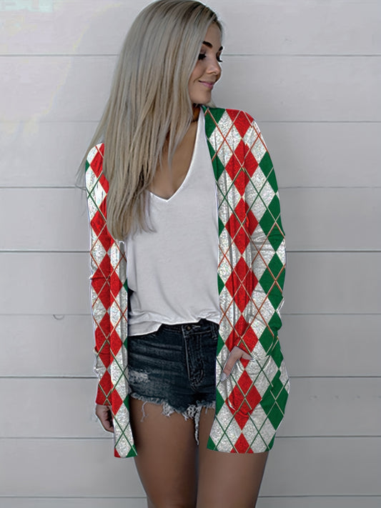  Open Front Argyle Print Cardigan with Pockets