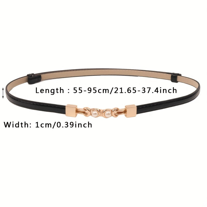 Adjustable PU Leather Belt with Faux Pearl Buckle