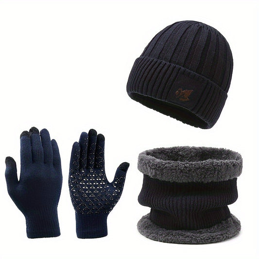 Cycling Knitted Gloves Hat Scarf Set Velvet Lined Anti Slip Gloves