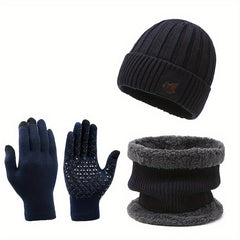 Cycling Knitted Gloves Hat Scarf Set Velvet Lined Anti Slip Gloves