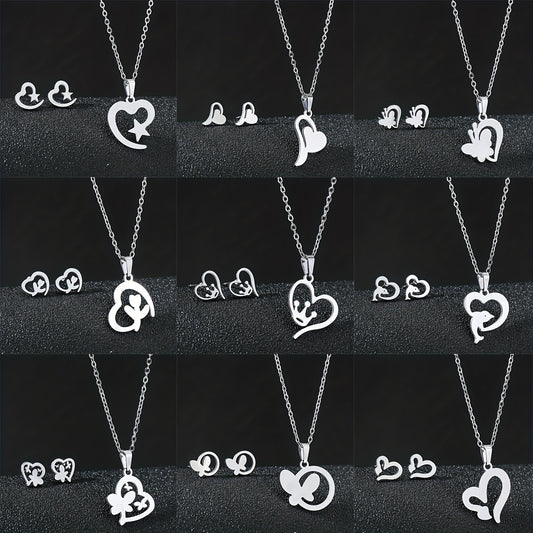 Stainless Steel Butterfly Flower Heart Stud Earrings & Necklace Set