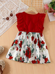 Girls Casual Ruffled Dress with Flower Print Bow for Summer