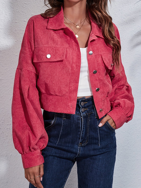Ribbed Corduroy Cropped Jacket with Lantern Sleeves