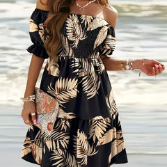  Tropical Print Off Shoulder Smock Dress