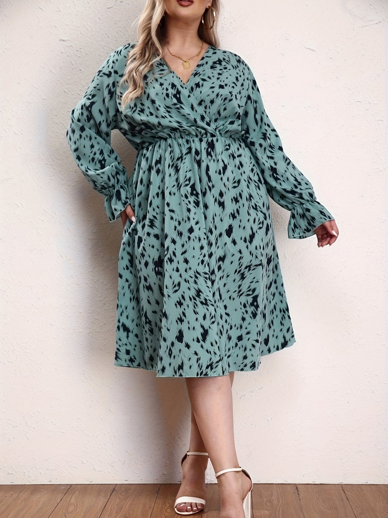  Leopard Print Lantern Sleeve Surplice Neck Dress