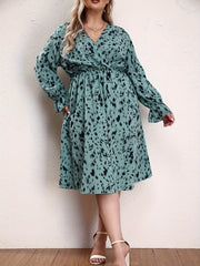  Leopard Print Lantern Sleeve Surplice Neck Dress