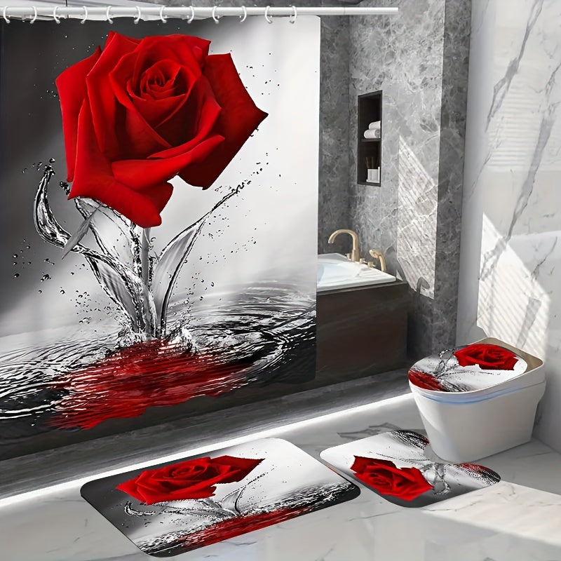 Red Rose Flower Shower Curtain Set with Non-Slip Rugs