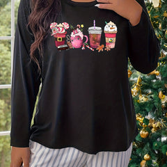  Snowman Drinks Print Lounge Top Long Sleeve Round Neck Pajama Top