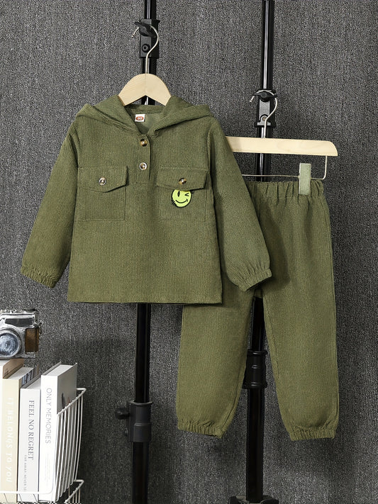 2pcs Boy Smiling Face Hooded Corduroy Pullover & Pants Set for Kids