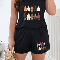  Chicken Print Tank Top & Shorts Pajama Set