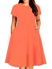  Solid Short Sleeve Midi Dress With Pocket Women's Plus