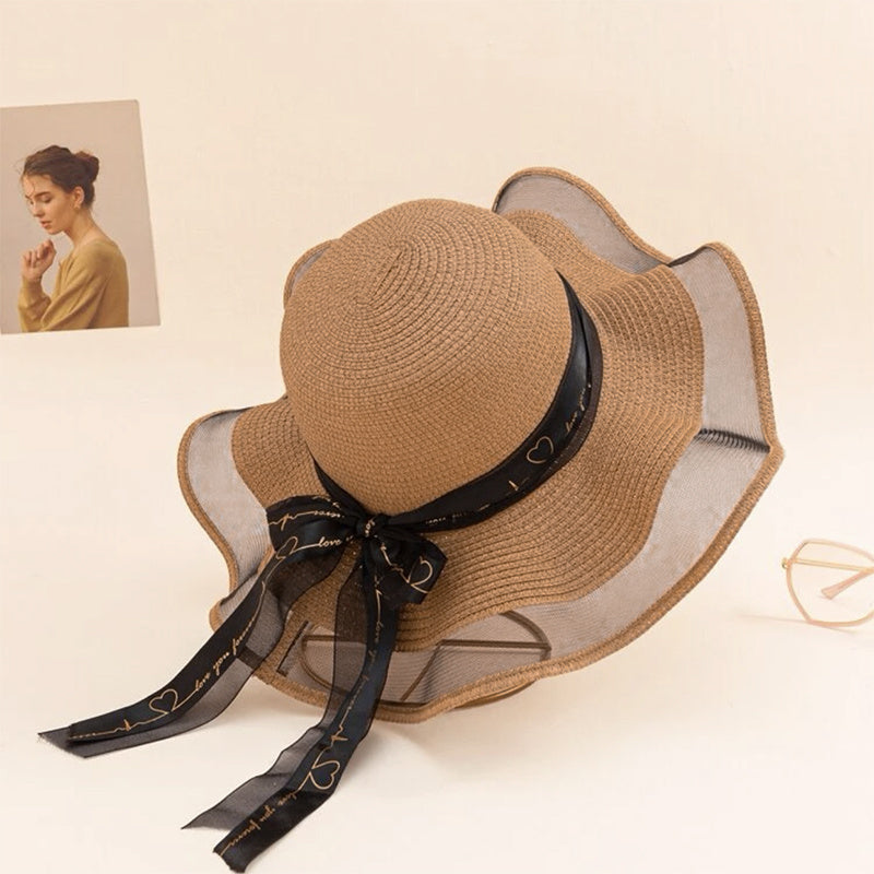 Love Streamer Mesh Gauze Brim Straw Hat Women Beach Sun Hat Valentine
