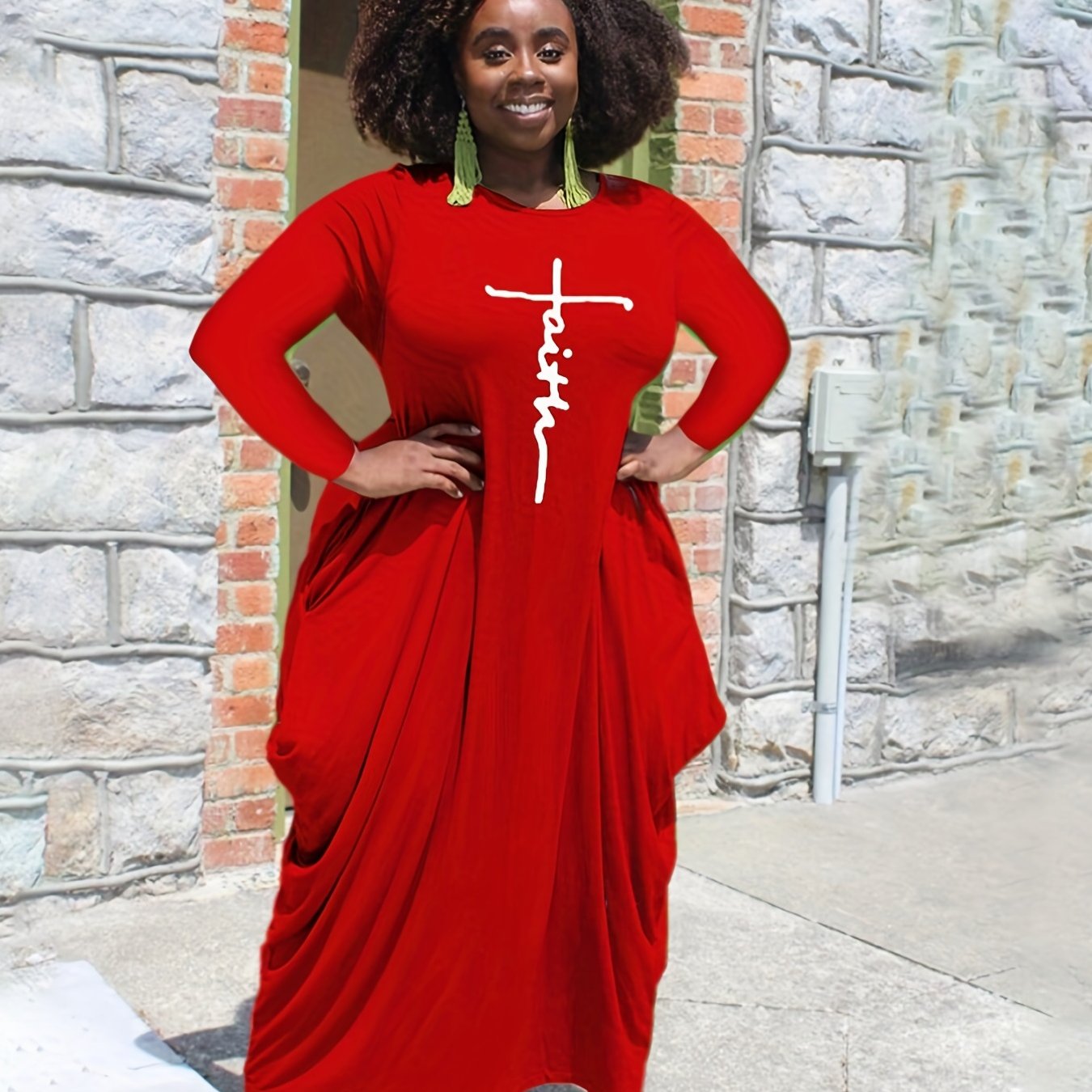 Women's Plus Cross Letter Print Maxi Dress With Pockets