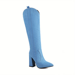 Women's Block Heel Western Boots Denim Comfortable Walking Shoes