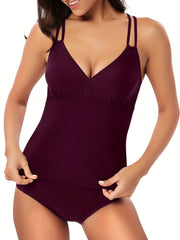  Vacay Tankini Set Solid V Neck Crisscross Back Slim Fit Cami Top & Pan