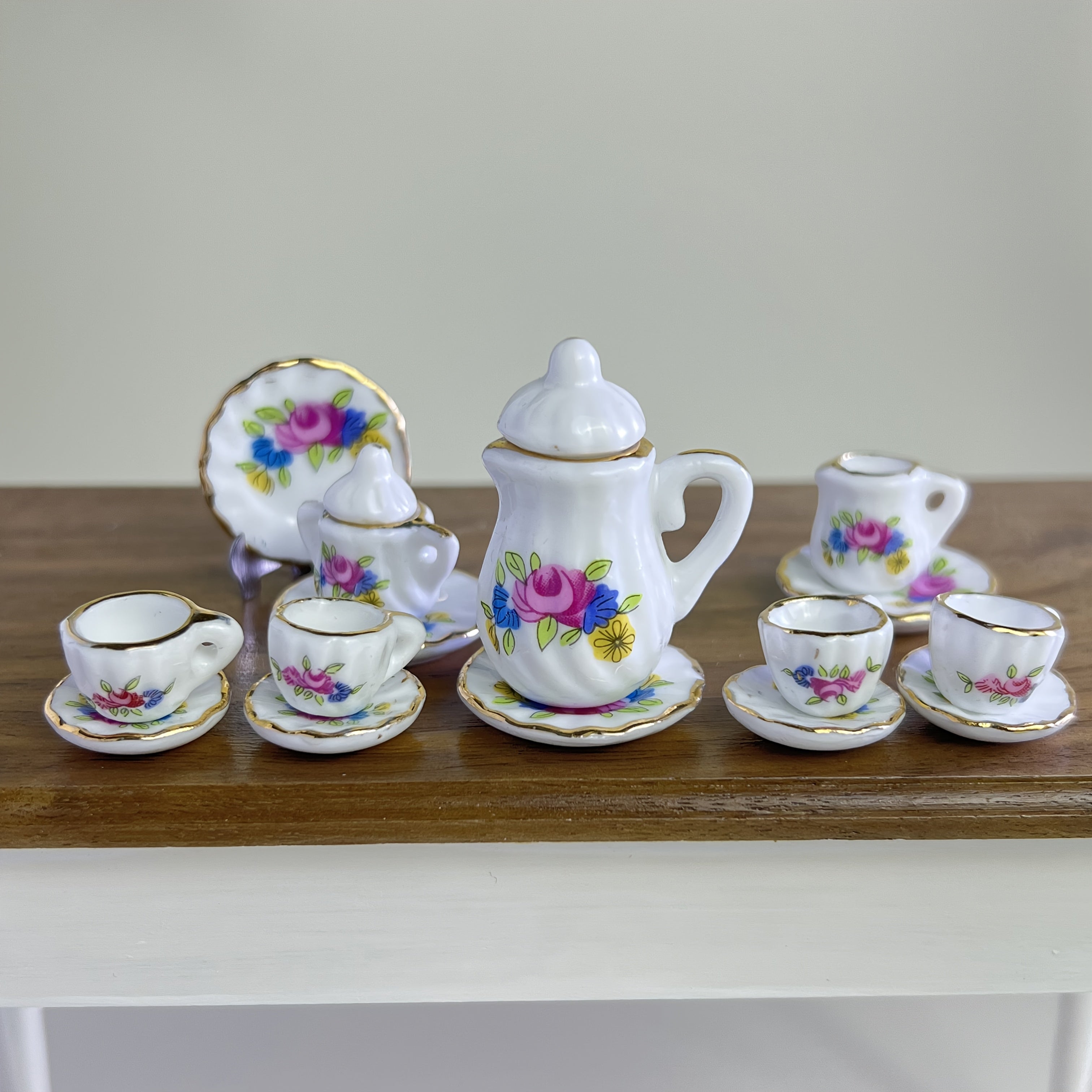 Mini Ceramic Tea Set Dollhouse Accessory Retro Model Decoration