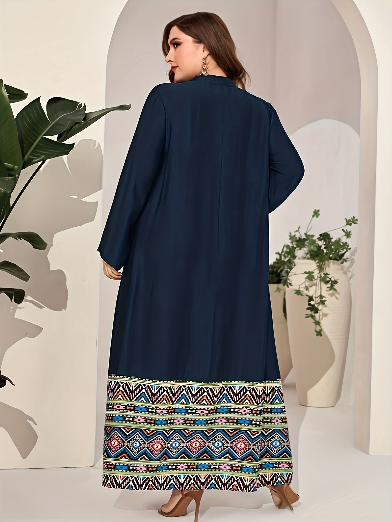  Geo Print Abaya Dress Long Sleeve Maxi Jalabiya