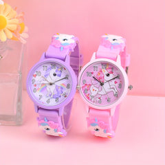 Girls' Unicorn Watch & Bracelet Set - Cute Animal Pattern Silicone Strap
