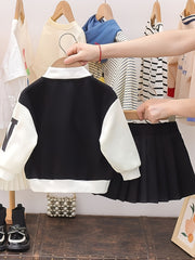 2pcs Girls Baseball Jacket and Pleated Skirt Set for Spring and Fall