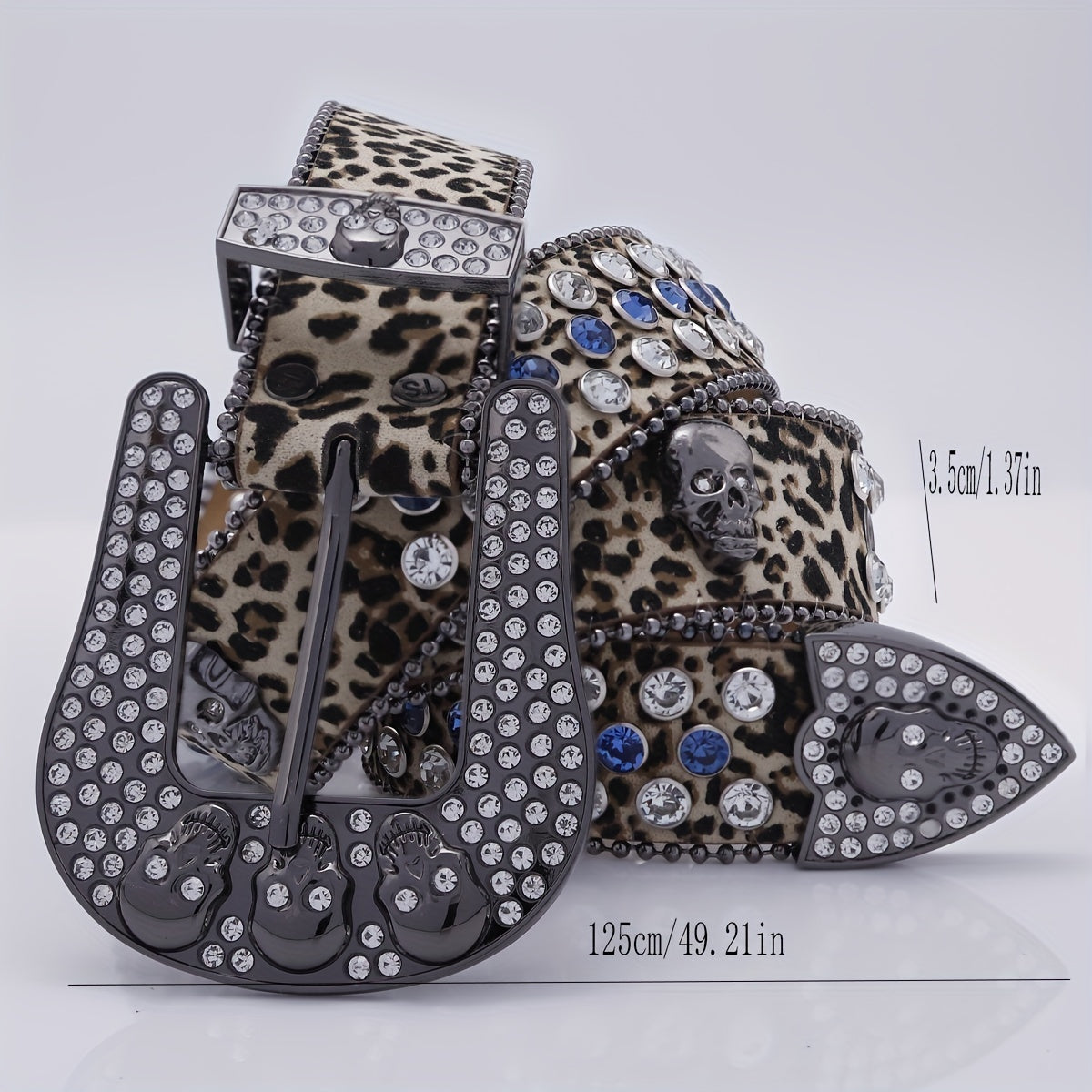 Leopard Skull Belt with Rhinestone Buckle Wide Waist Belt