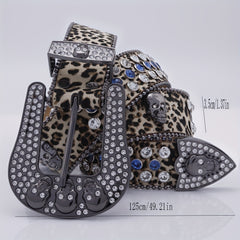 Leopard Skull Belt with Rhinestone Buckle Wide Waist Belt