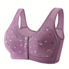 Floral Print Front Buckle Wireless Bra