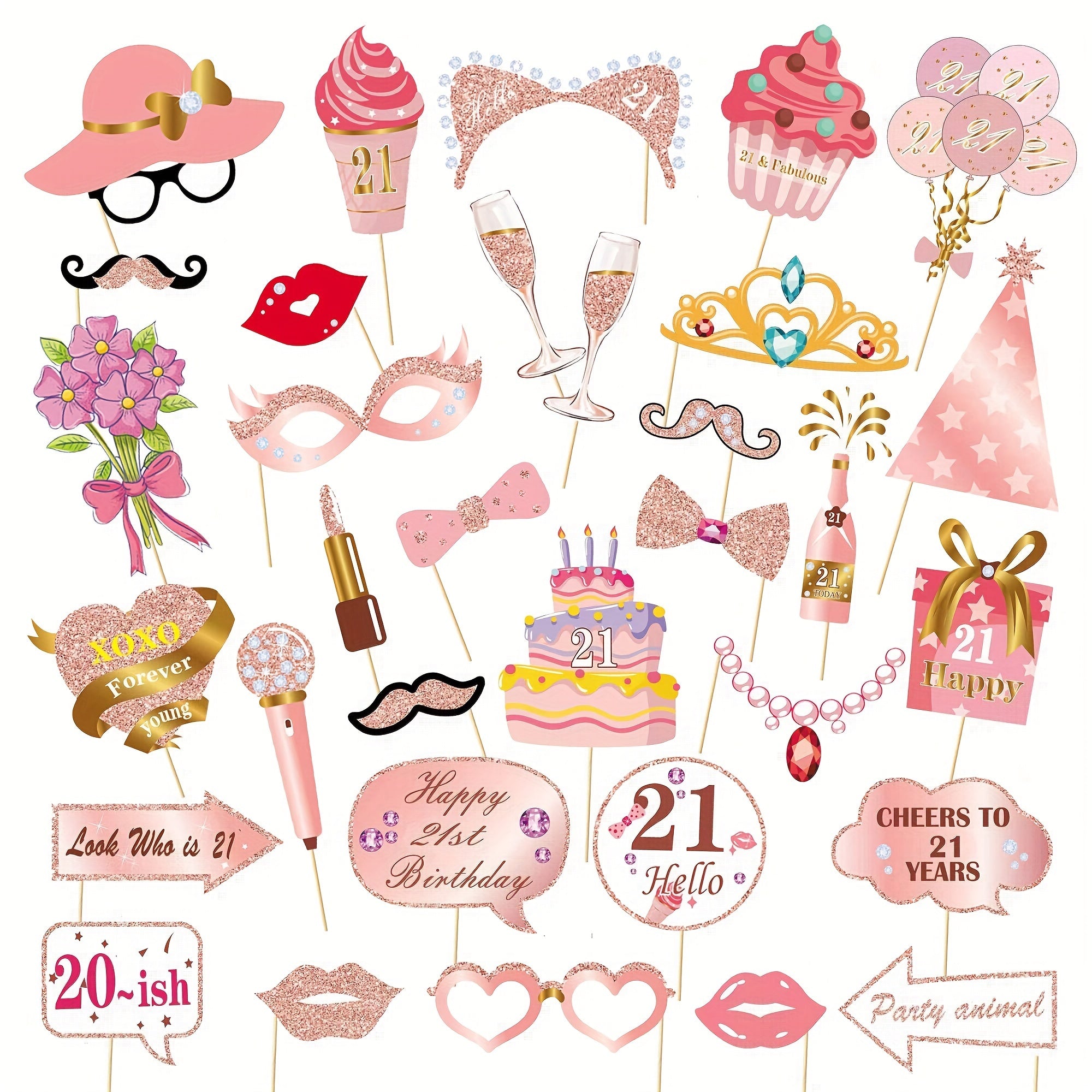33pcs Rose Gold 13-60 Years Old Birthday Photo Props Pink Party Decorations