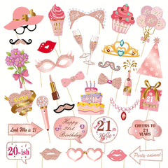 33pcs Rose Gold 13-60 Years Old Birthday Photo Props Pink Party Decorations