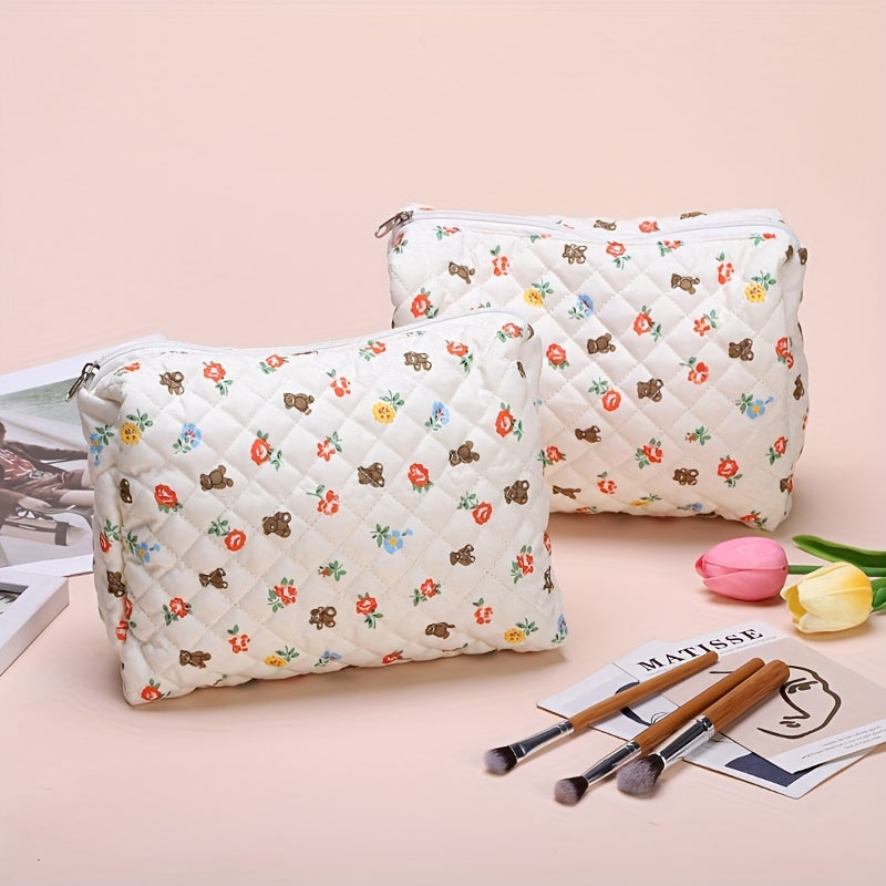 Bear Flower Makeup Bag Travel Toiletry Organizer