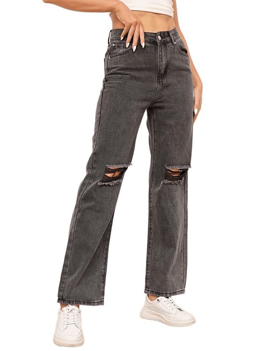 Grey Ripped Straight Jeans Distressed Slash Pockets Loose Fit Denim Pants