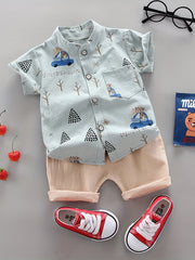 Boys 2pcs Cartoon Print Shirt & Shorts Set