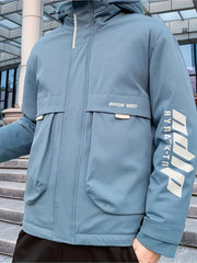 Men's Big Pocket Hooded Jacket Solid Zip Up Cotton Padded Jacket For Fall Winter