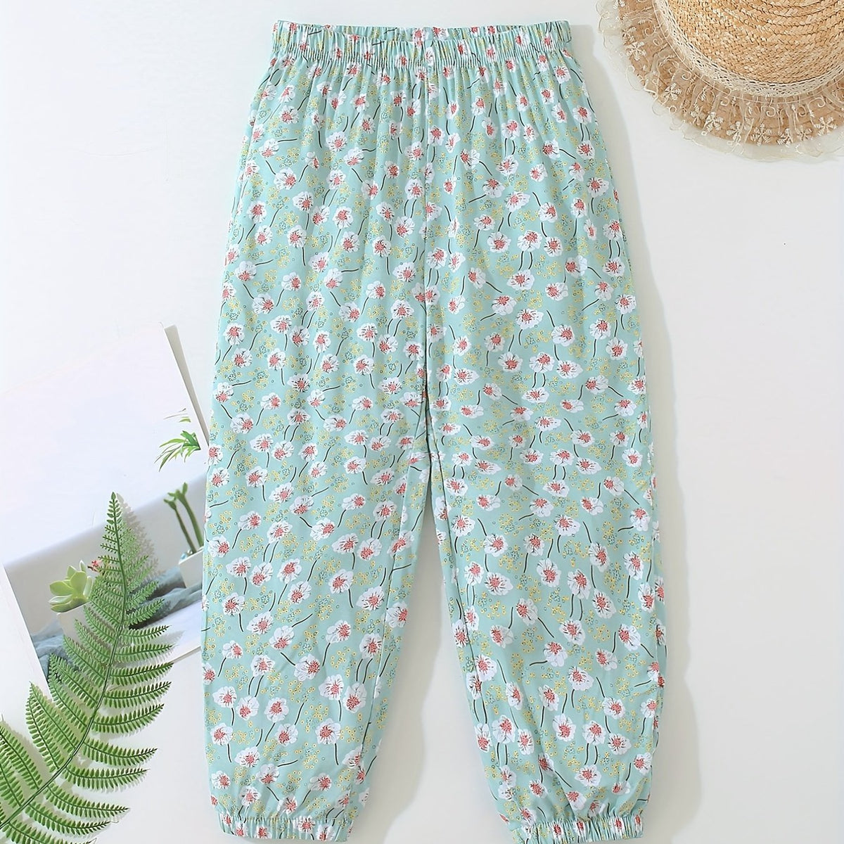 Girls Casual Flowers Graphic Cotton Jogger Trousers for Summer