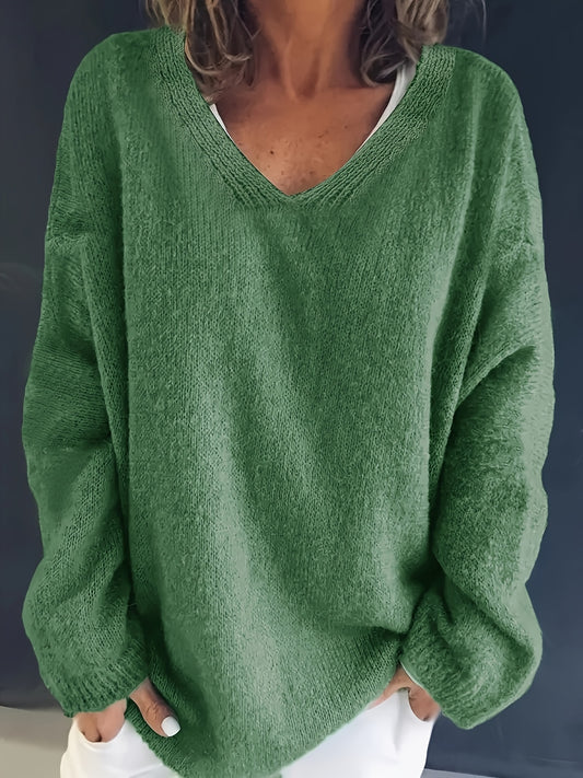  Solid V Neck Sweater Long Sleeve Loose Fit Pullover