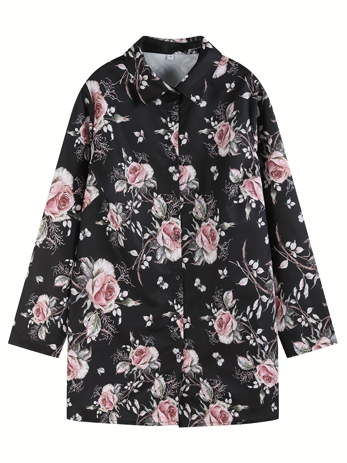  Floral Print Button Up Long Sleeve Tunic Shirt