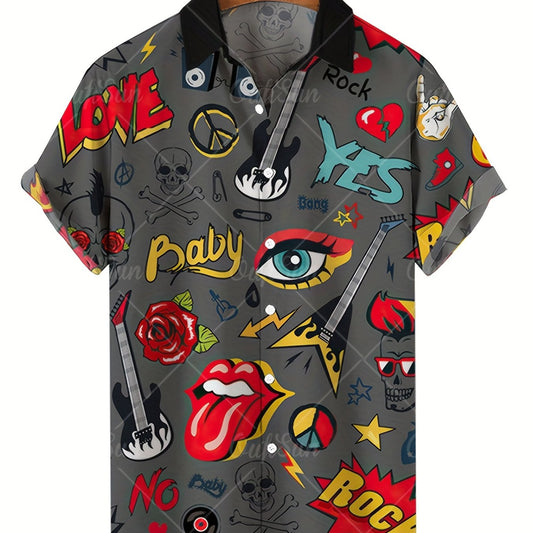 Men's Retro Guitar & Rose Print Camp Collar Shirt