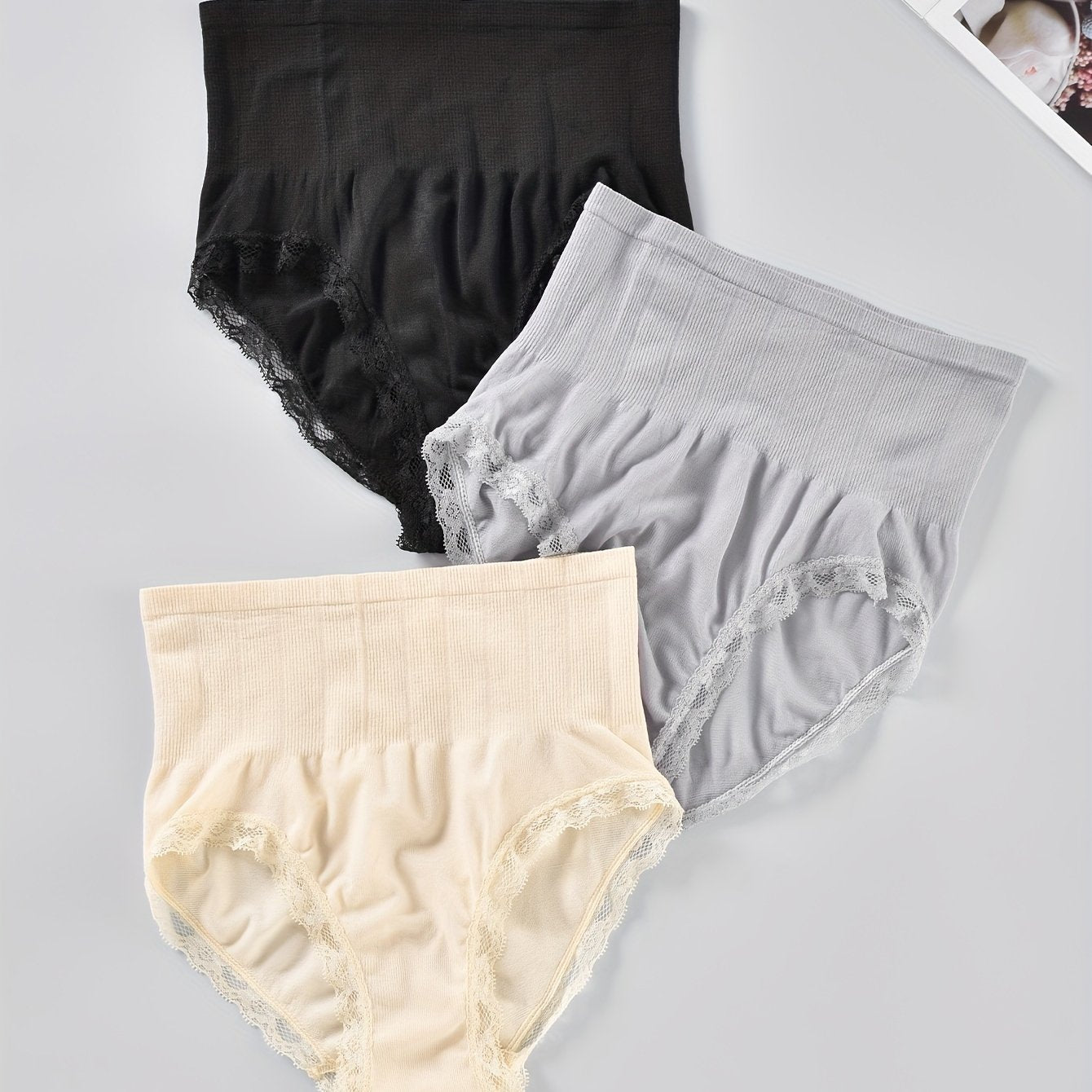 3pcs Lace Trim Briefs High Waist Stretchy Panties Women's Underwear