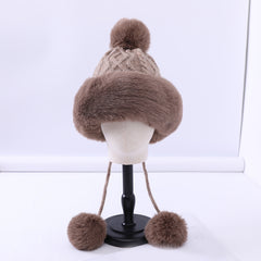 Fur Beanie Hat With Pom Pom Fuzzy Trapper Hat Ears Warm Knit Cap